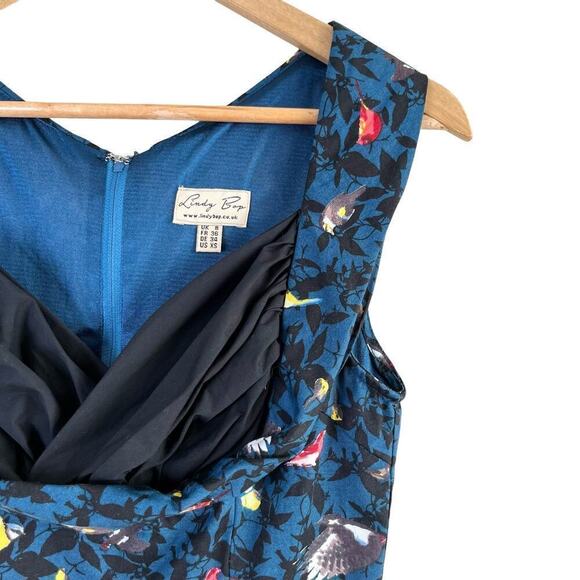 Lindy Bob Ophelia Blue Bird Print Fit & Flare Dress Retro 50s Pinup, Size XS - Picture 5 of 13